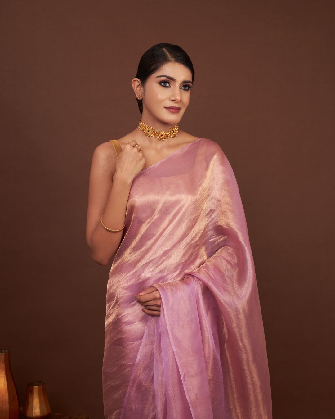 Whisper Rose Gold Tissue Saree pink