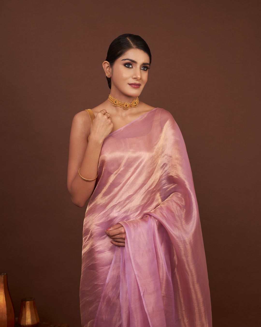 Whisper Rose Gold Tissue Saree pink