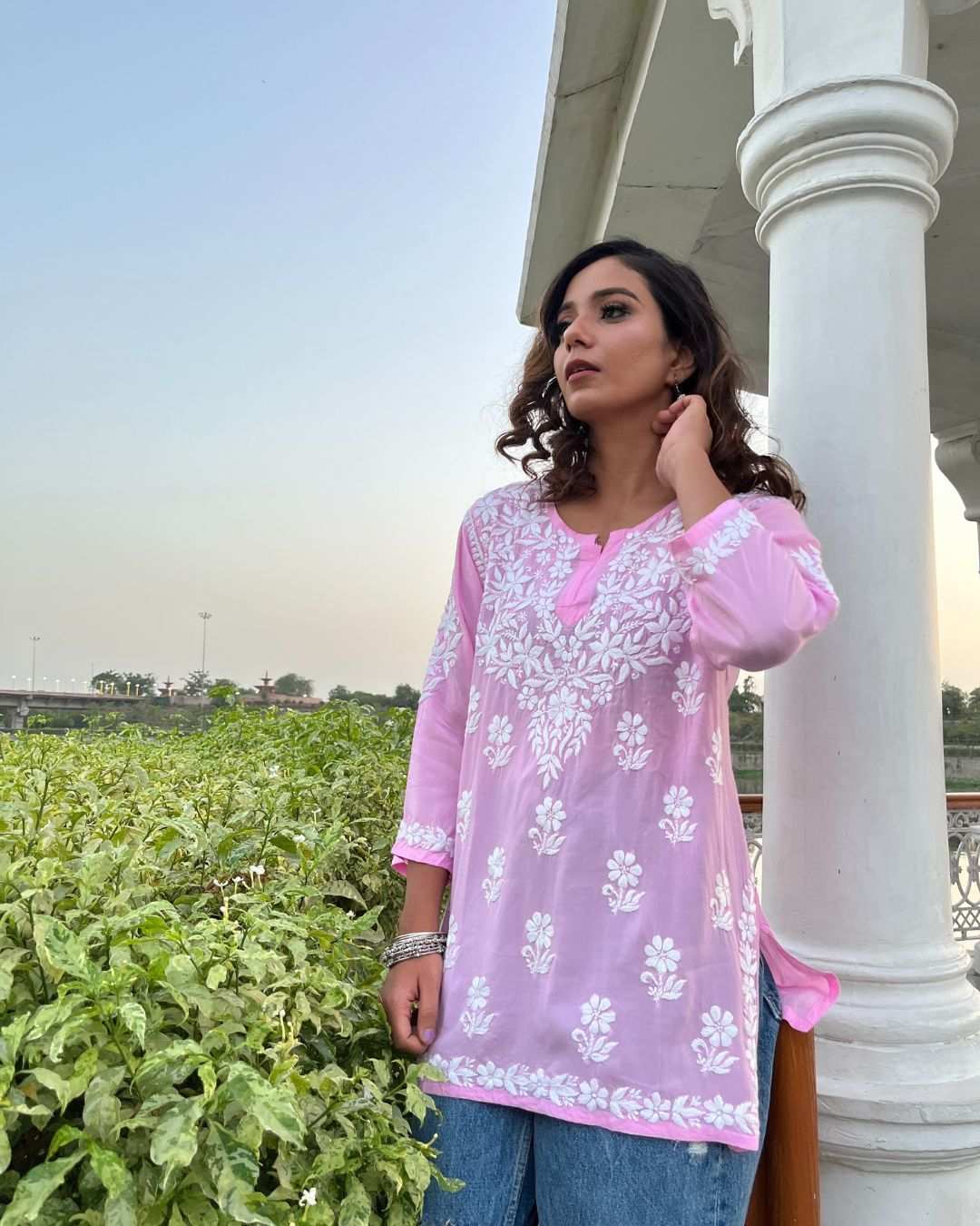 Pink kurti for ladies made of summer-friendly modal cotton fabric, short length, perfect for college and workplace.