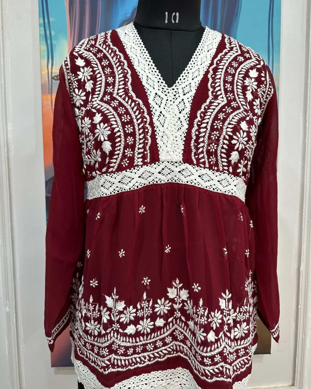 Red Georgette Women's Short Kurti with chikankari lace and full sleeves in viscose fabric