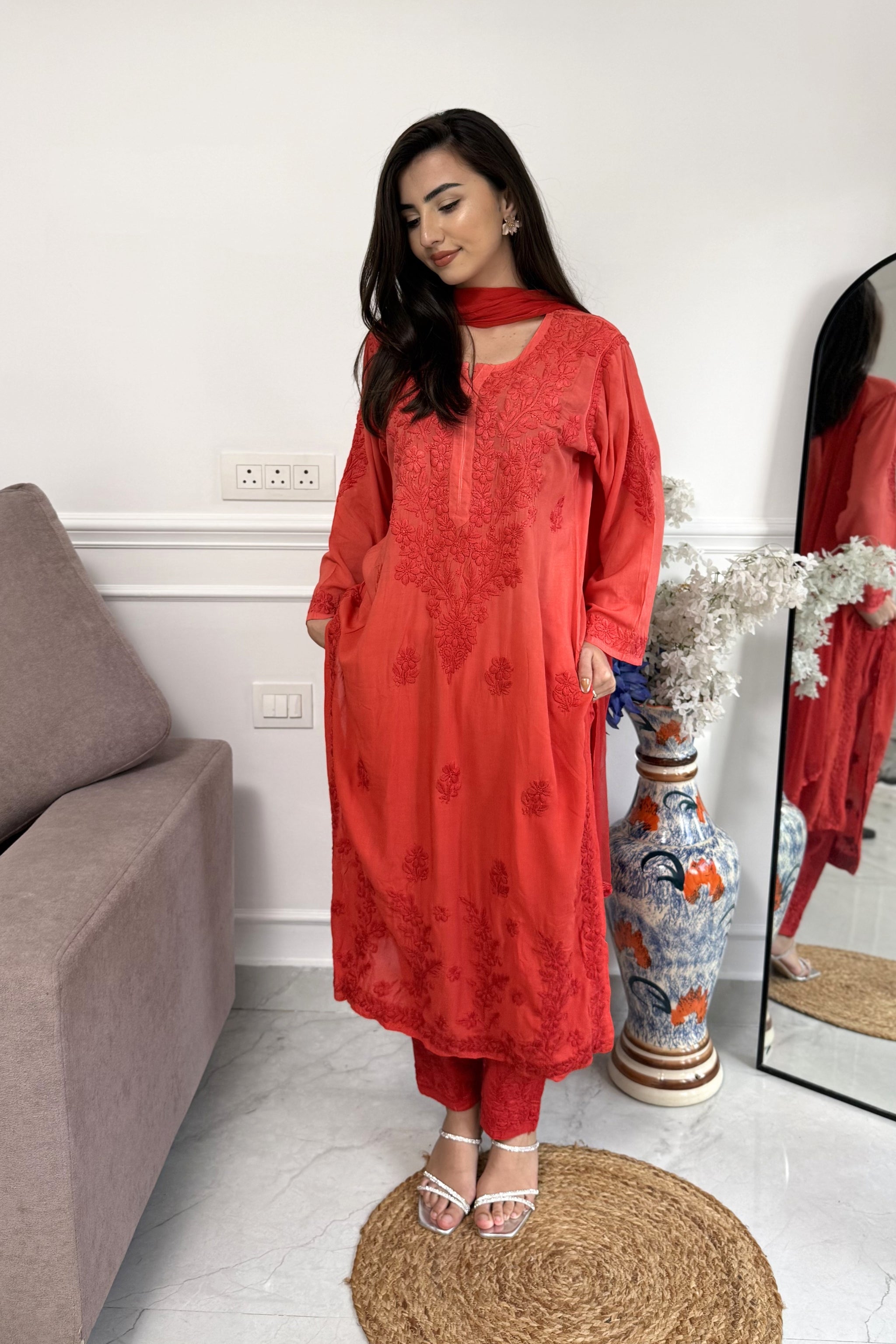 Red handcrafted Falak Chikan kurta set with modal cotton pants and chiffon dupatta