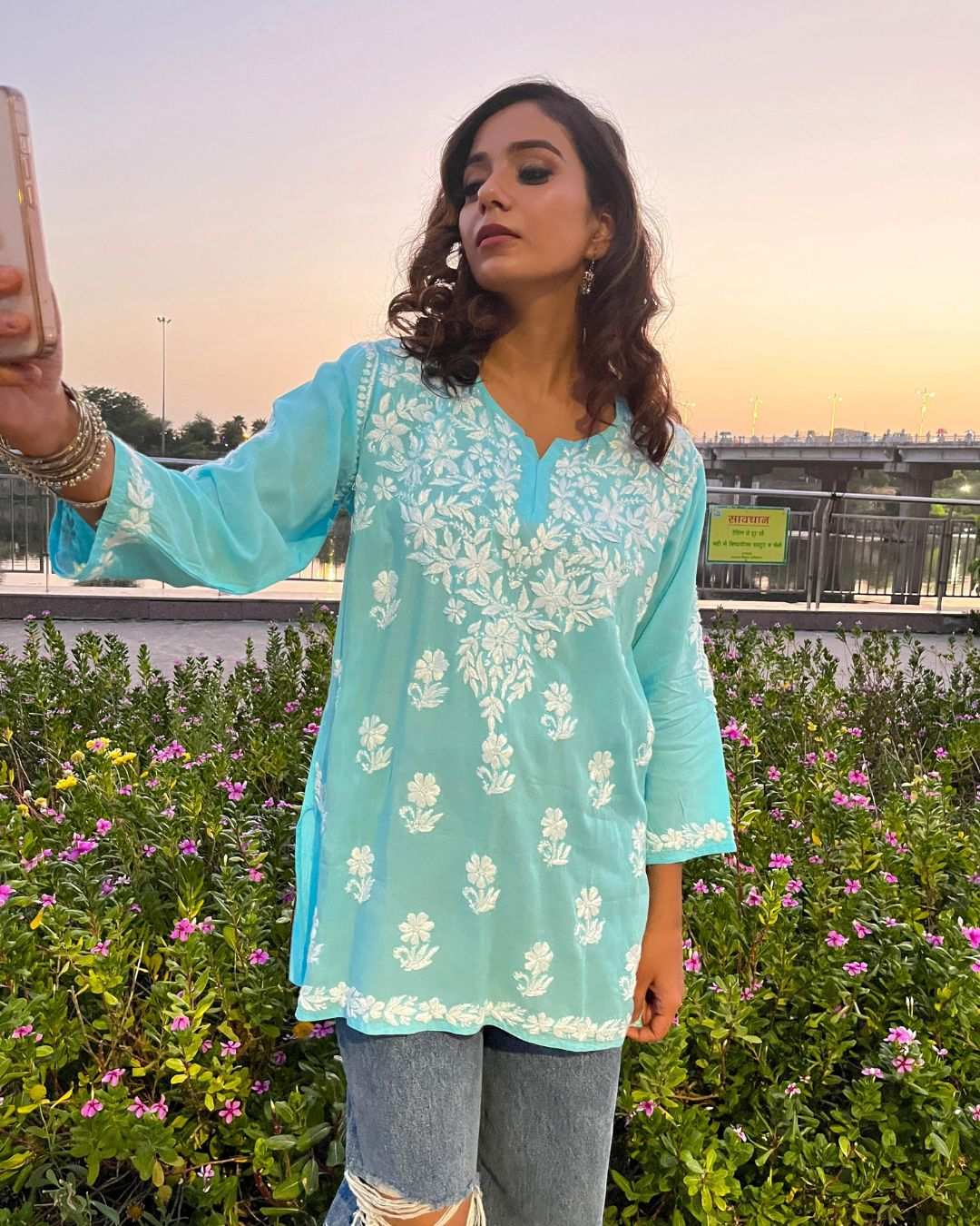 Blue short kurti for ladies made of breathable modal cotton with chikankari design