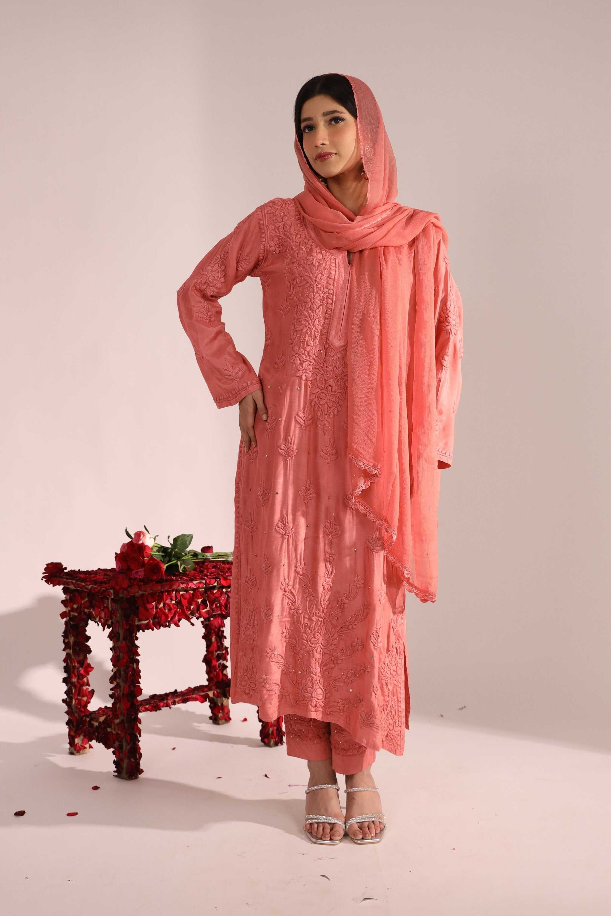 Woman wearing Sitara Kanika wedding suit in soft peach muslin cotton with Mukeish work – full front pose