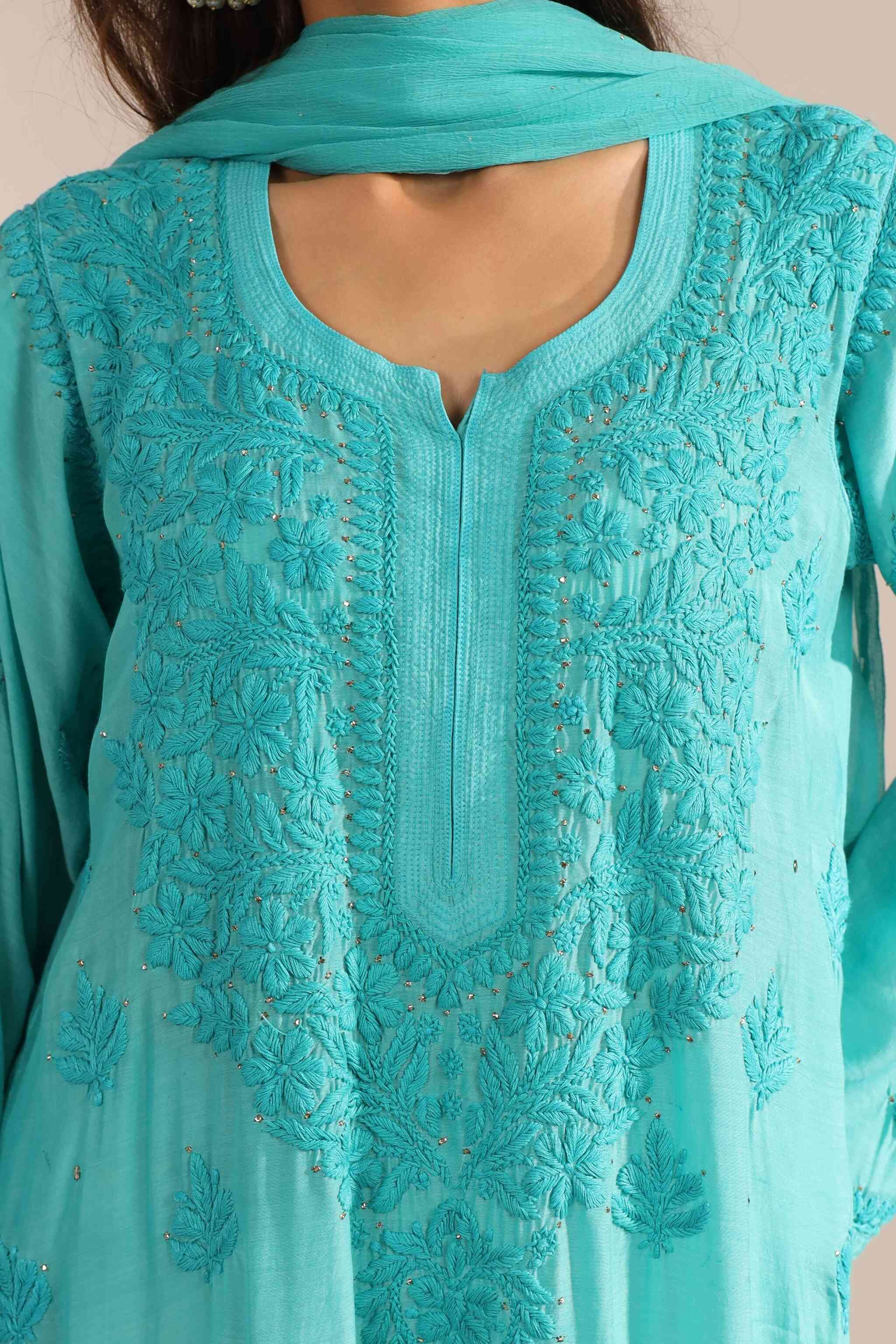 Close-up of the neckline embroidery and delicate dupatta border.