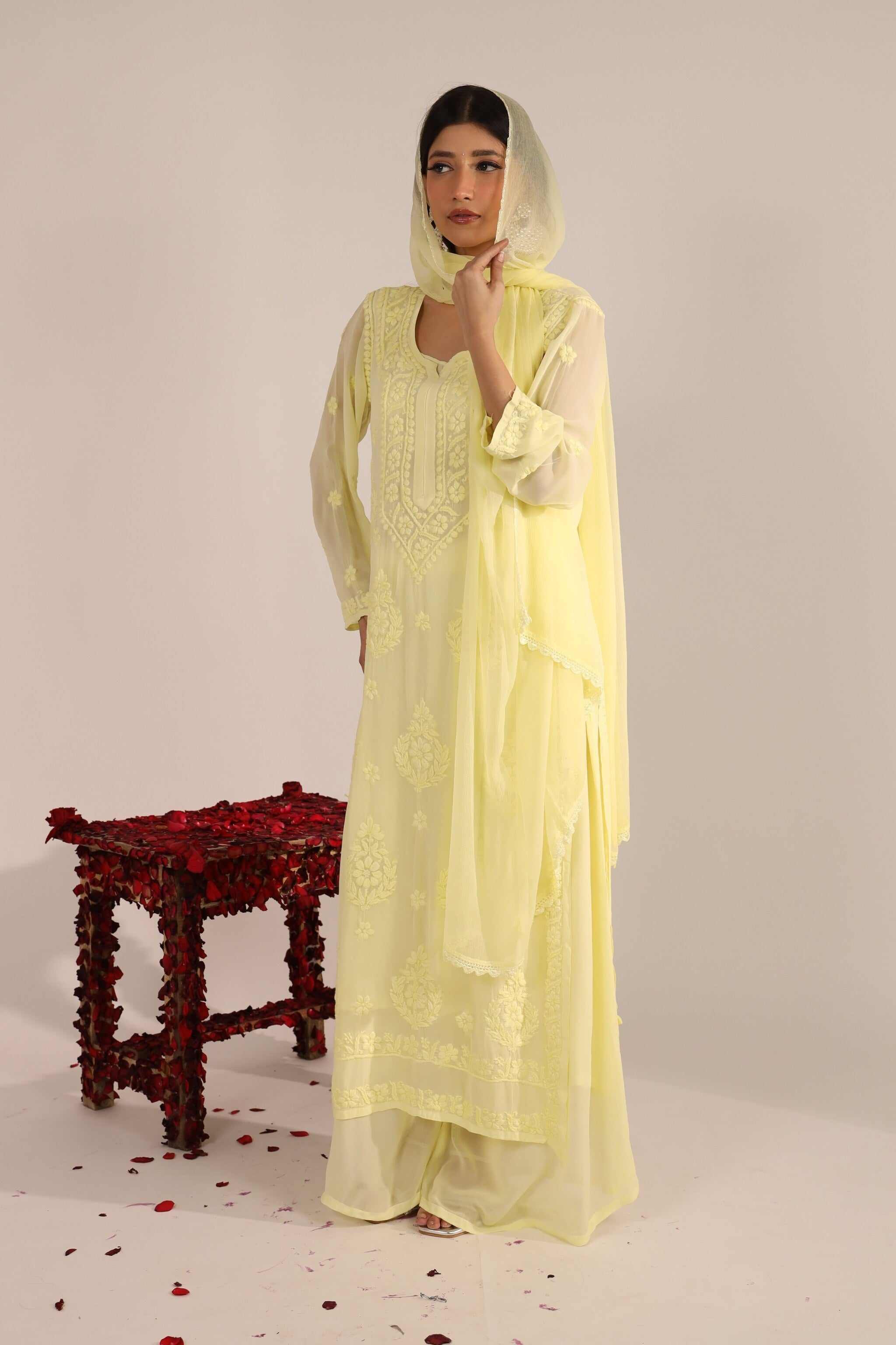 Side Pose: Model in Tara Chikankari suit showing side profile with flowing dupatta.