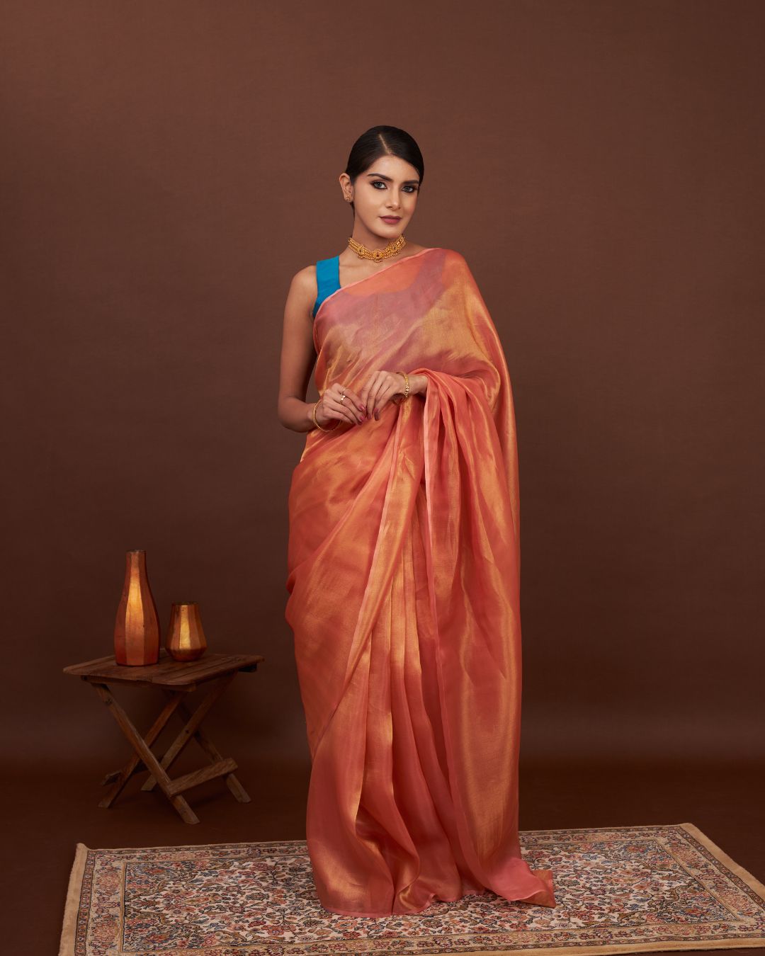Turkish Rose Orange Tissue Silk Saree For Wedding