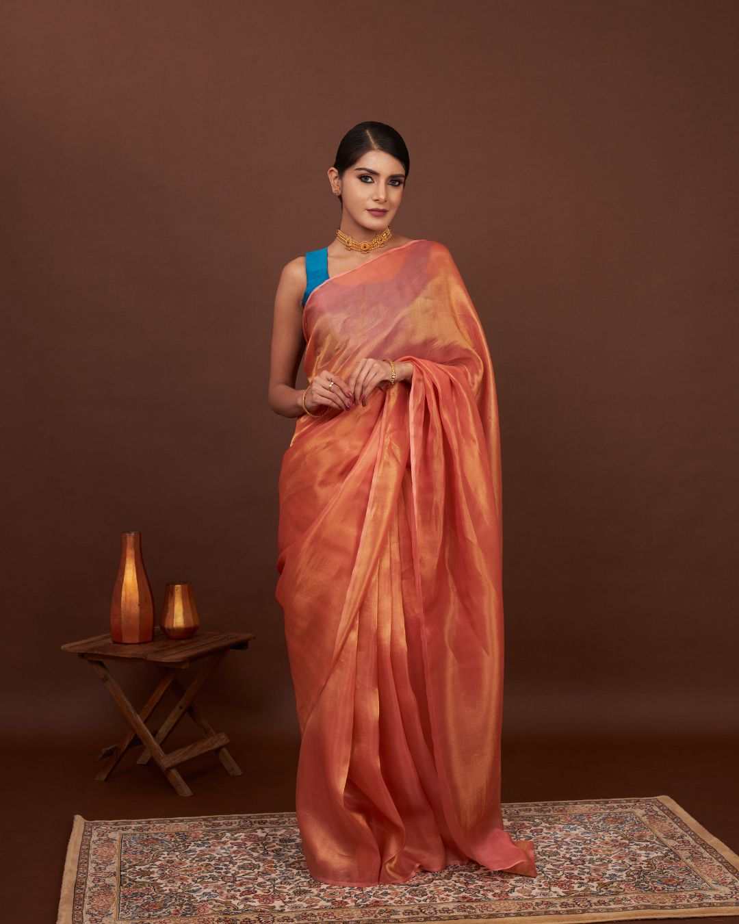 Tissue Silk Saree For Wedding - Turkish Rose - Orange