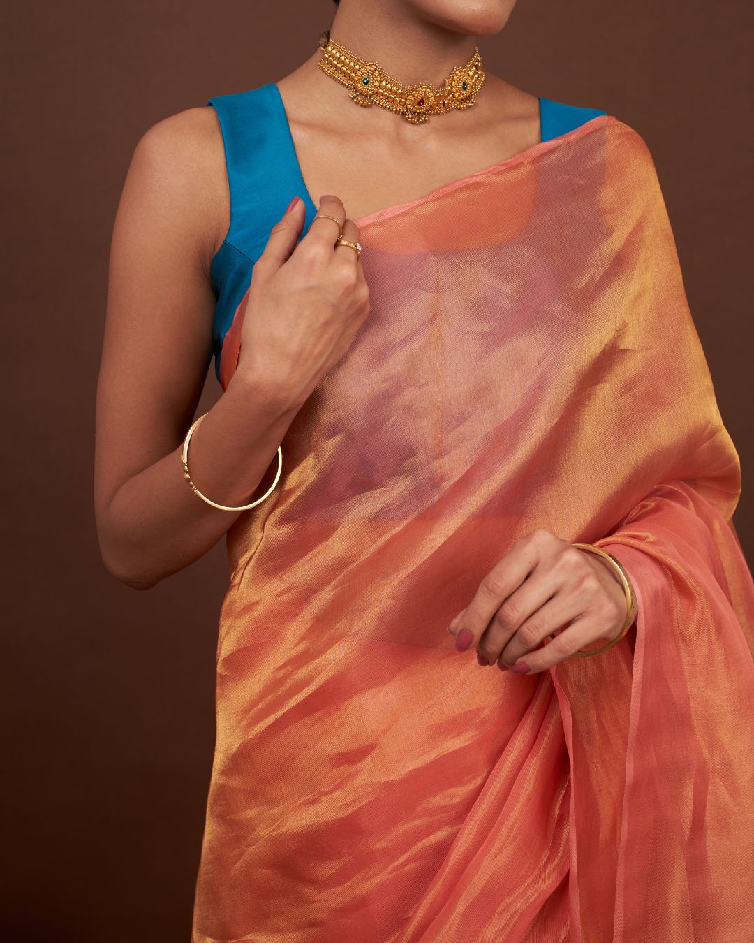 Turkish Rose Orange Tissue Silk Saree For Wedding