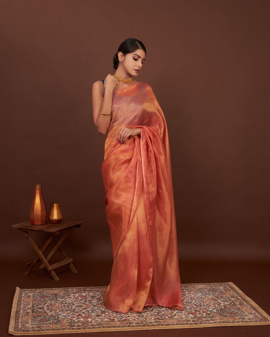 Turkish Rose Orange Tissue Silk Saree For Wedding