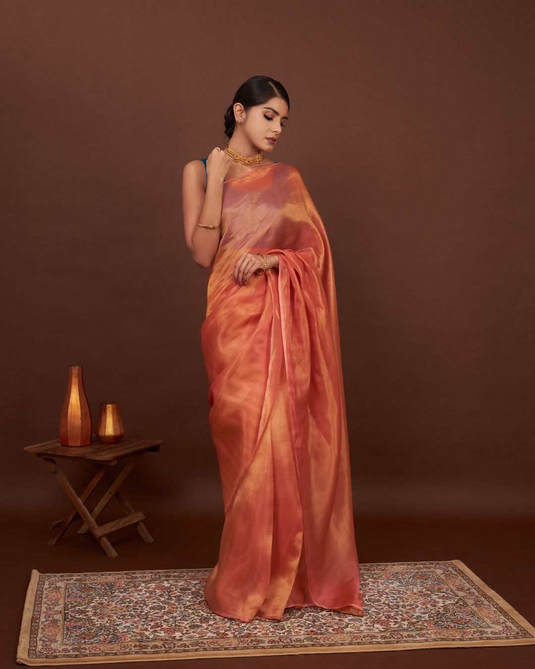 Orange Tissue Silk Saree For Wedding - Turkish Rose