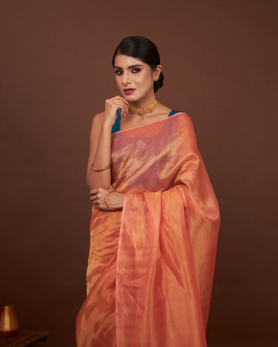 Turkish Rose Orange Tissue Silk Saree For Wedding