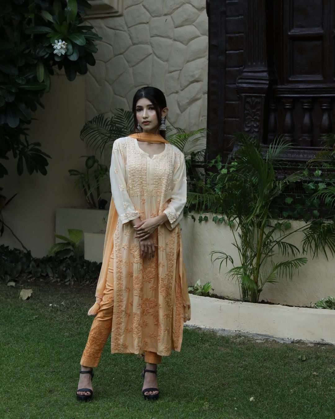 Gauhar Chikankari Yellow Kurta Set with muslin silk and chikankari embroidery