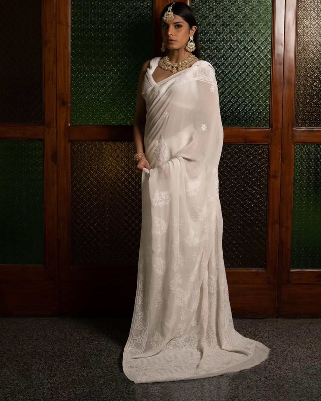 Inaya Pure Georgette White Chikankari Saree