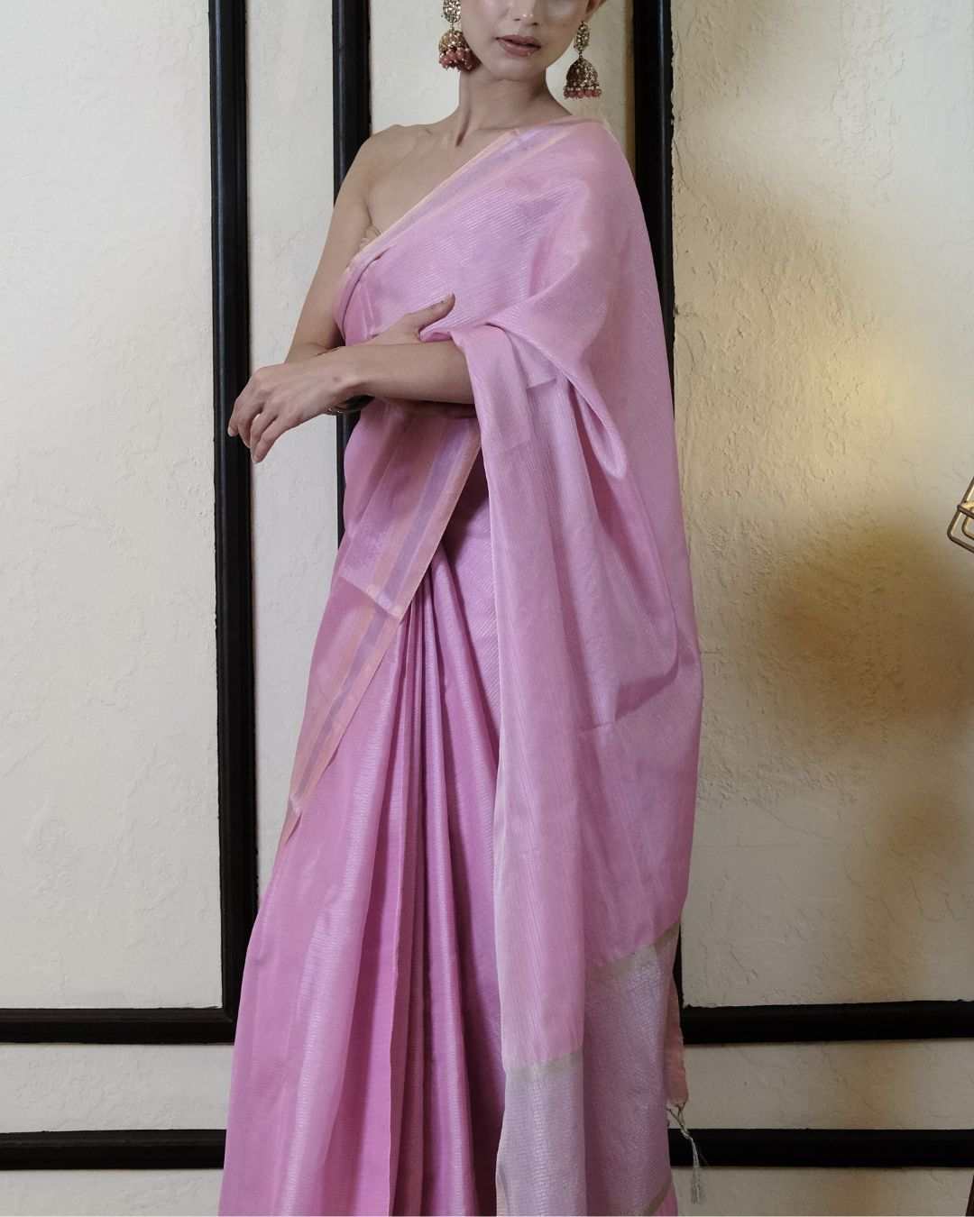 Lady pink tissue Banarasi silk saree handwoven with intricate traditional design and blouse piece