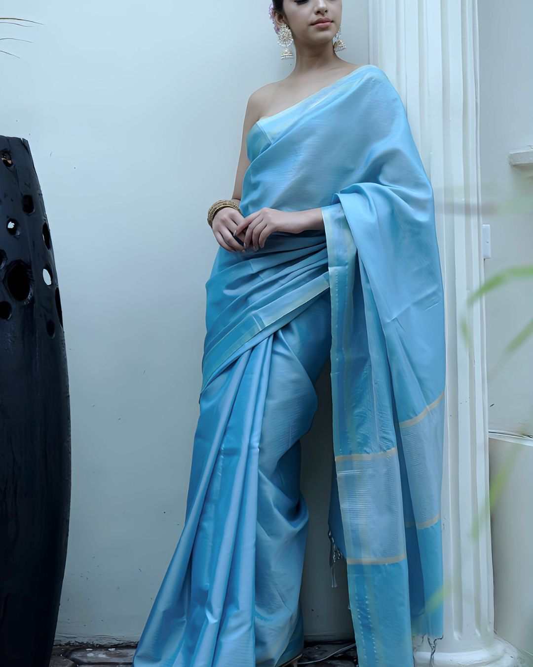 Riwaaz Handloom Blue Tissue Banarasi Silk Saree with intricate weaving and luxurious texture