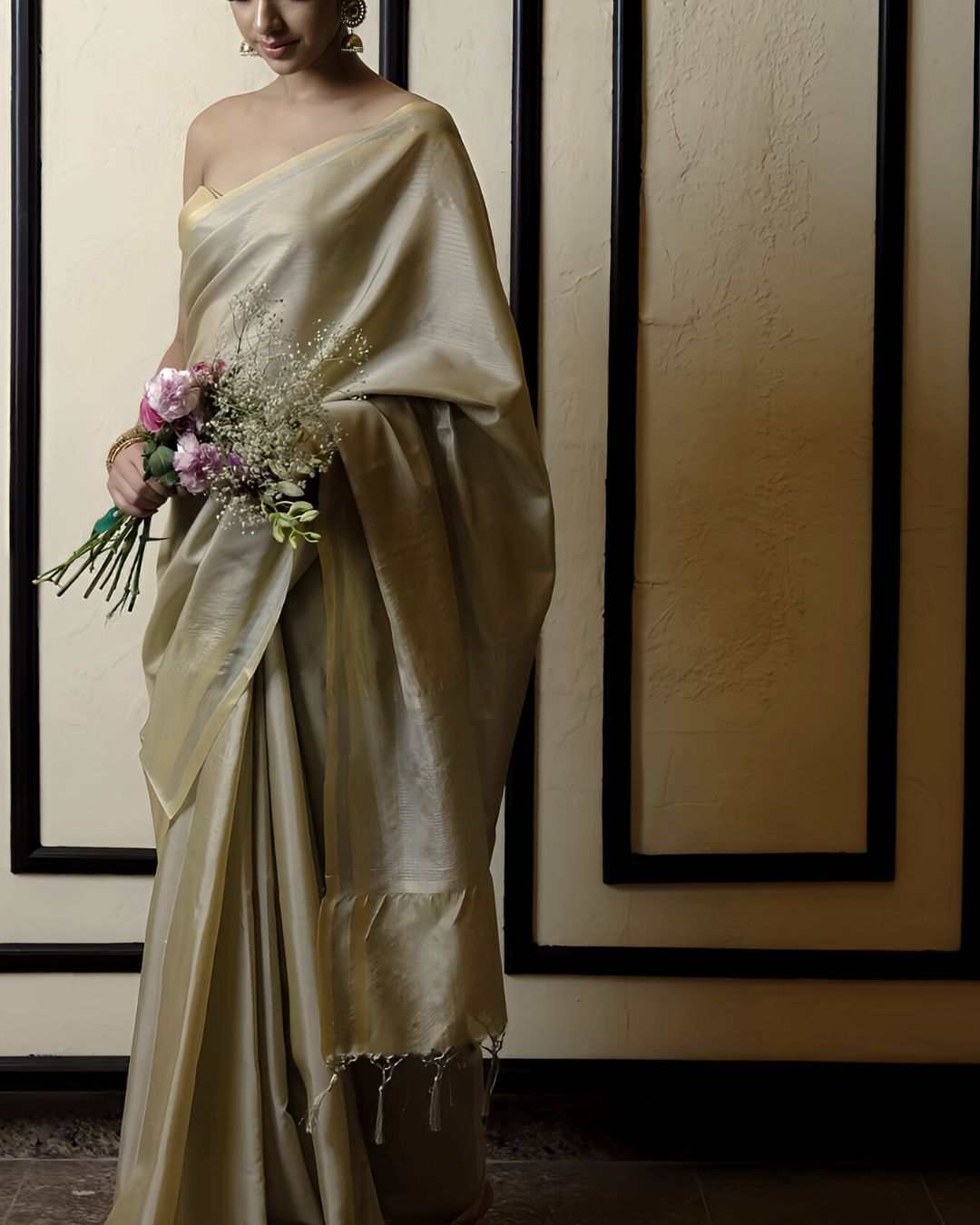 Lady pink Riwaaz Sheen Gold Tissue Banarasi handwoven silk saree with intricate gold tissue work and 1m blouse piece