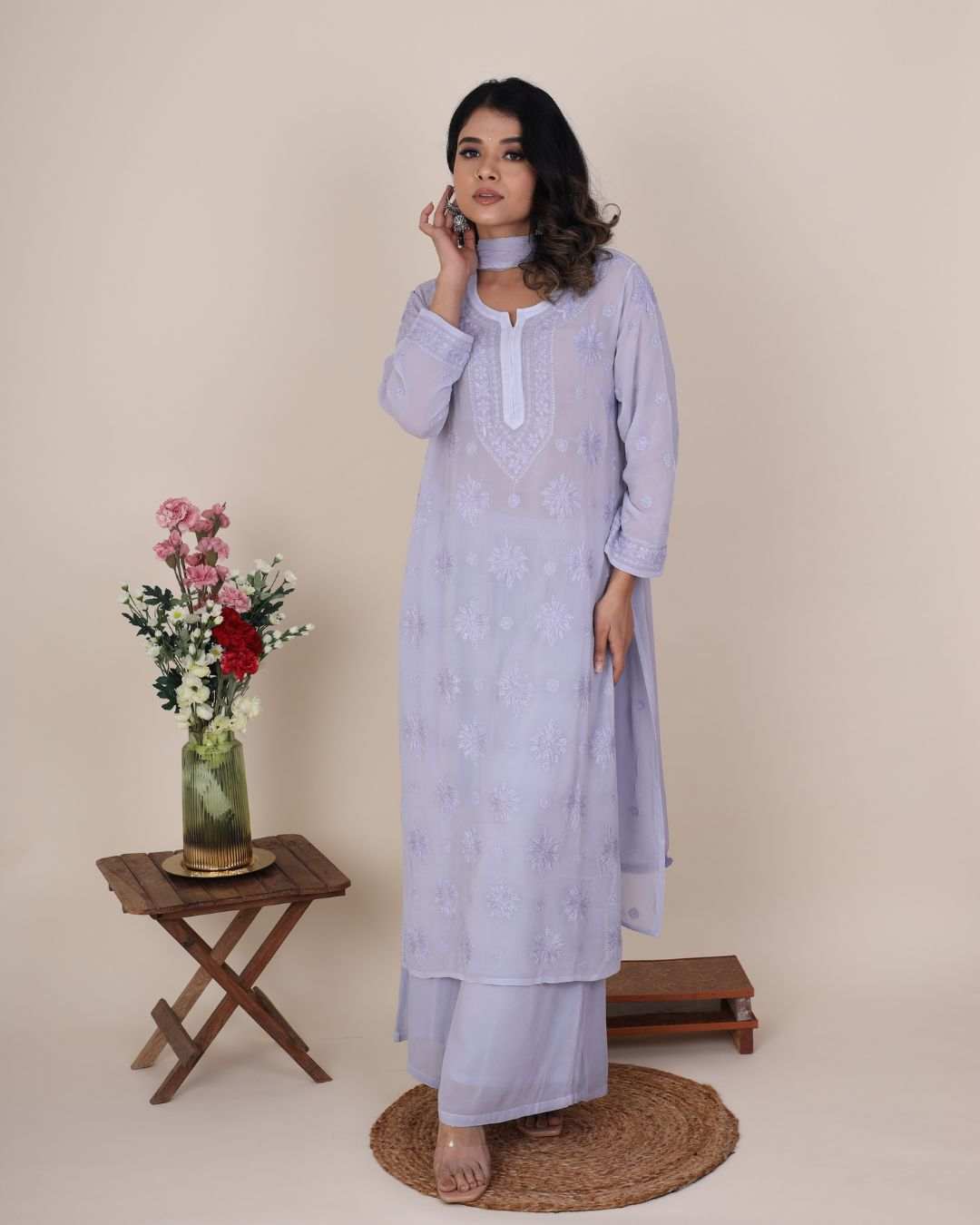 Aaliyah Blue Chikan Kurti Set with pink hand-embroidered chikankari on soft georgette fabric including kurta, palazzo, and dupatta