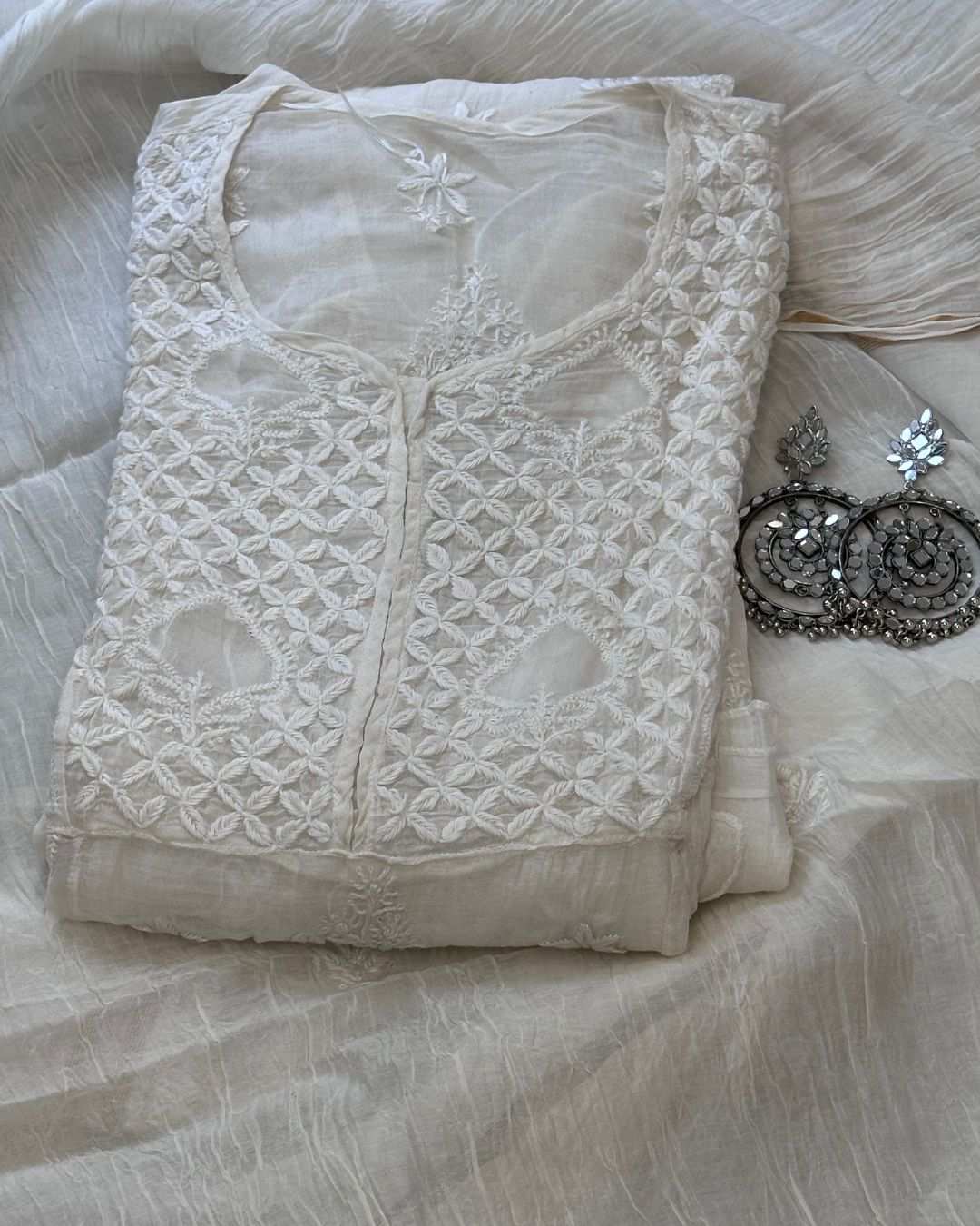 Semi-stitched white chikankari fabric set with kurta and dupatta made from pure mulmul for women