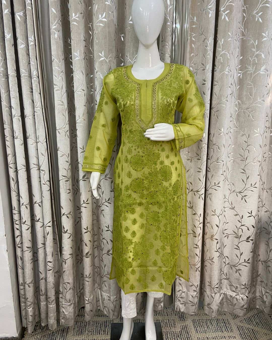 Green Kota Chikankari Kurta for women with full sleeves and intricate embroidery on kota check fabric