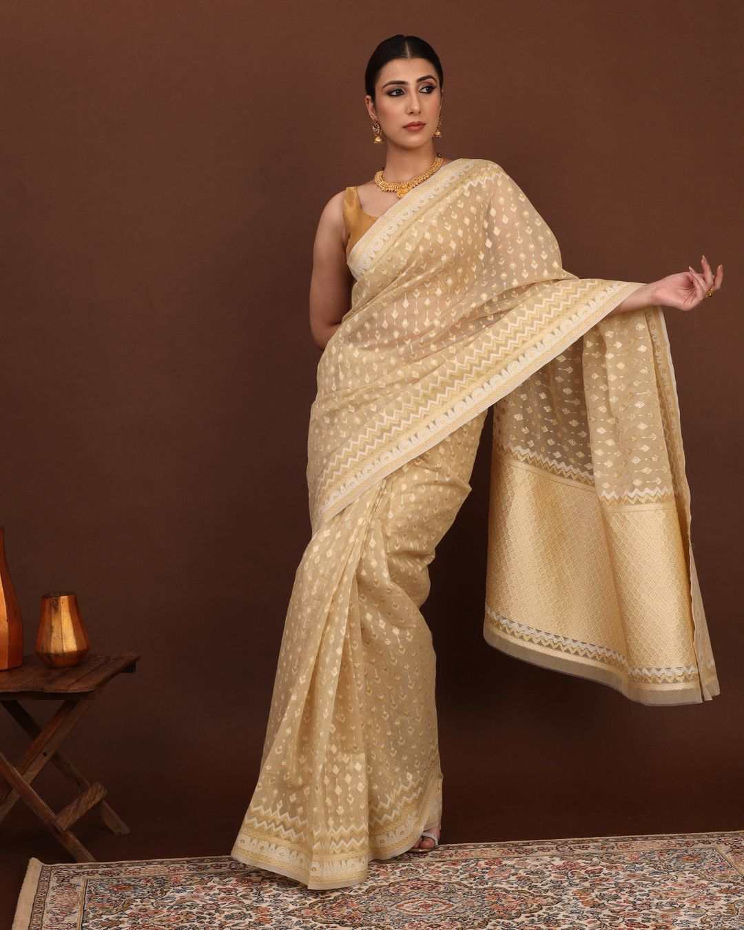 Golden Moonlit Aura Jamdani Saree with silver zari booties, handwoven cotton silk Banarasi design
