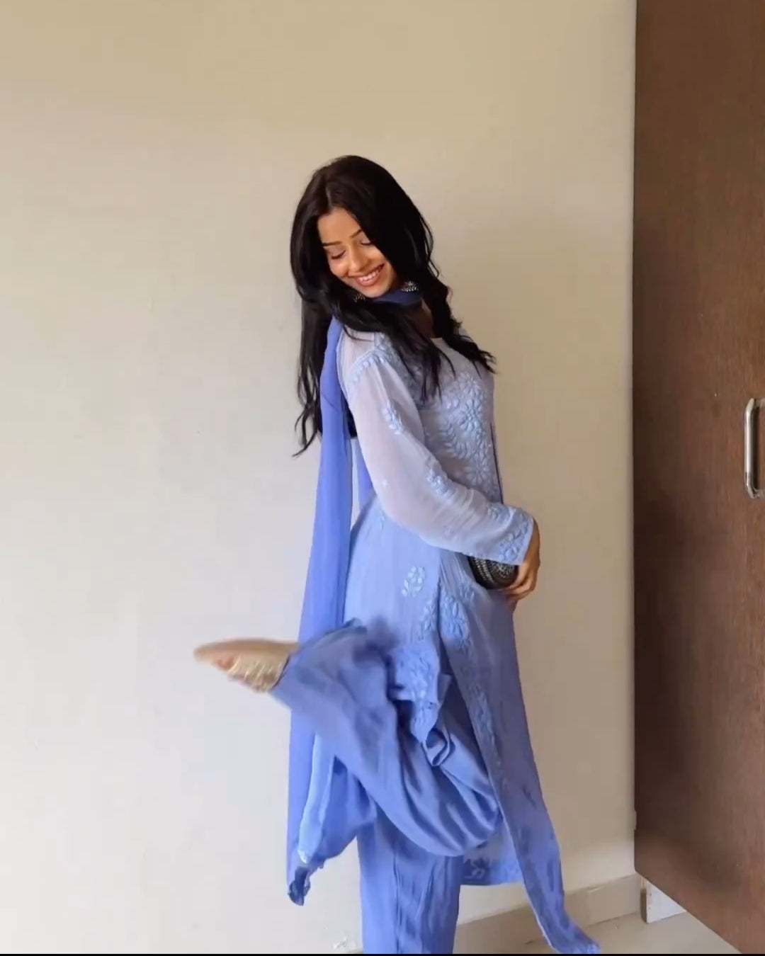 Pranjali Singh in Our Heer Topaz Chikankari suit