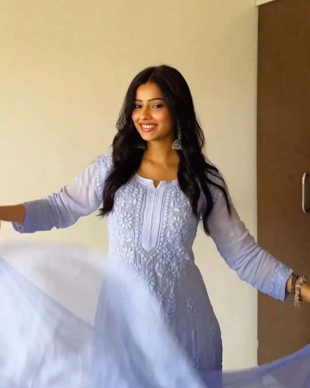 Pranjali Singh in Our Heer Topaz Chikankari suit