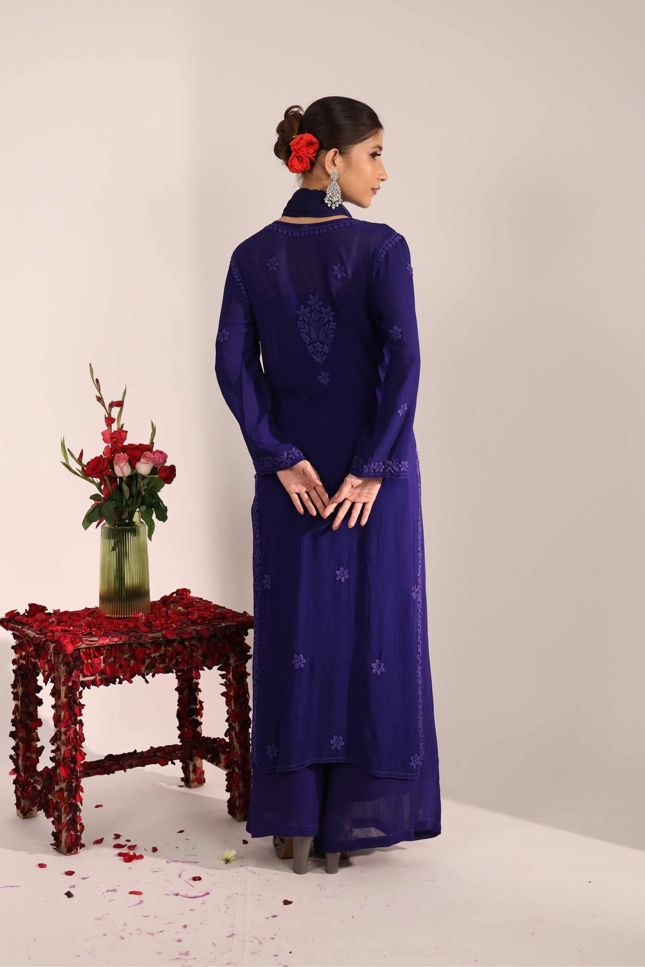 Back view woman wearing ink blue viscose georgette straight kurta set from House of AKS Sitara Nyantara collection, styled for weddings or festive occasions.