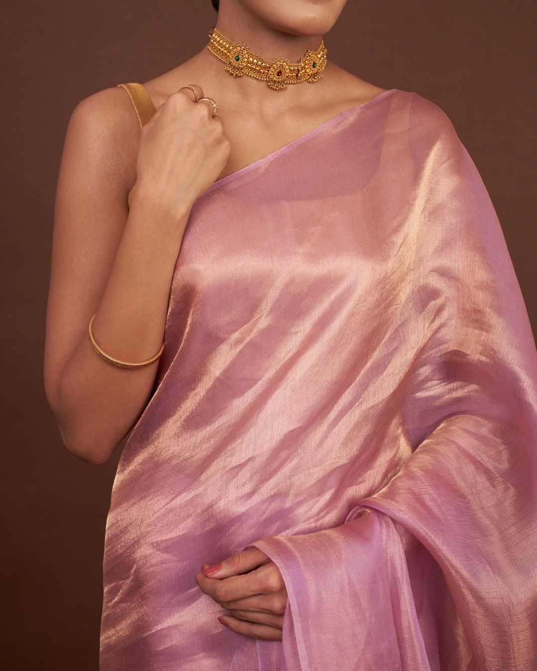 Whisper Rose Gold Tissue Saree pink