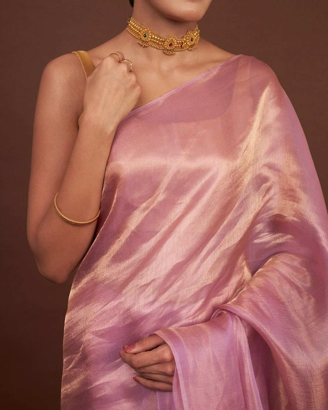 Close-up of tissue saree pallu showing intricate silk threading detail.