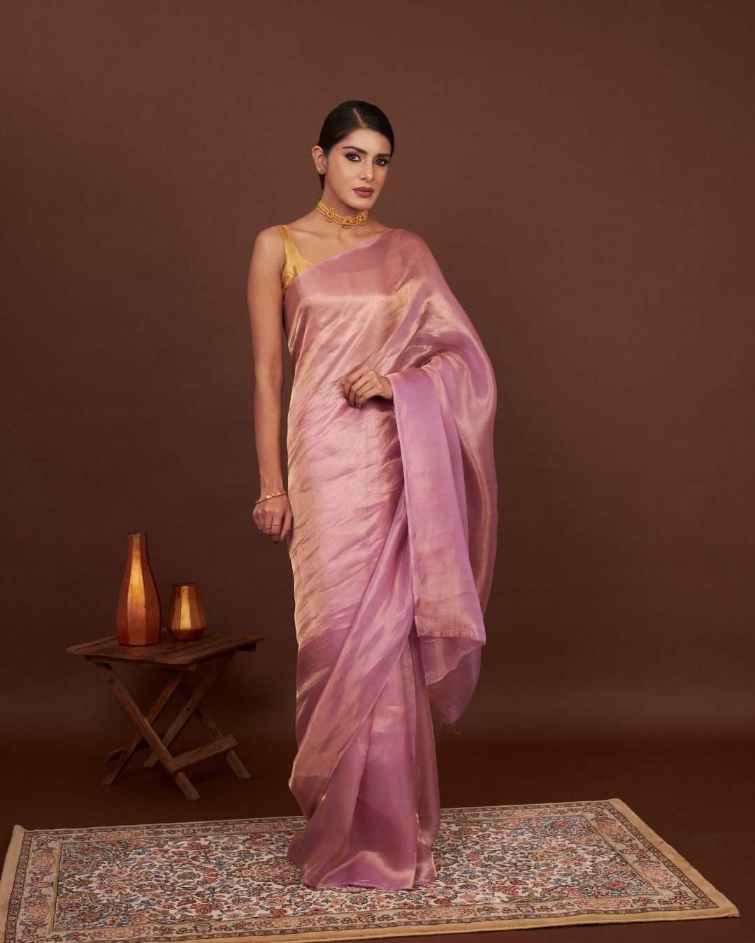 Whisper Rose Gold Tissue Saree pink