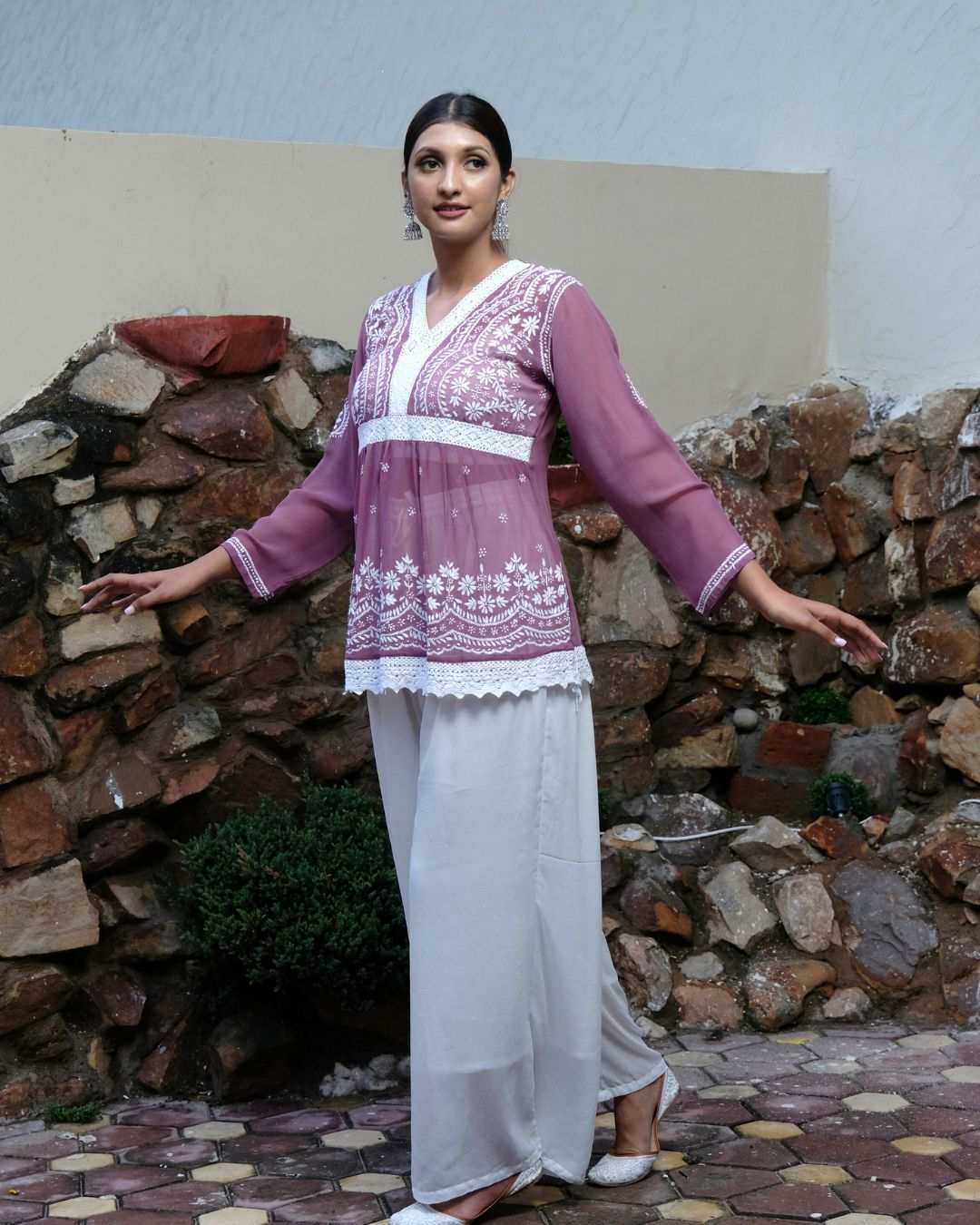 Wine Lace Chikankari Kurti for women with viscose georgette fabric and intricate hand embroidery