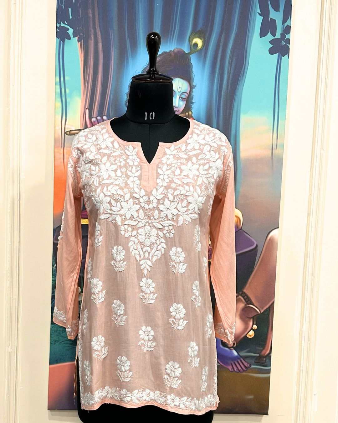 Peach women short kurti with chikankari embroidery for summer style