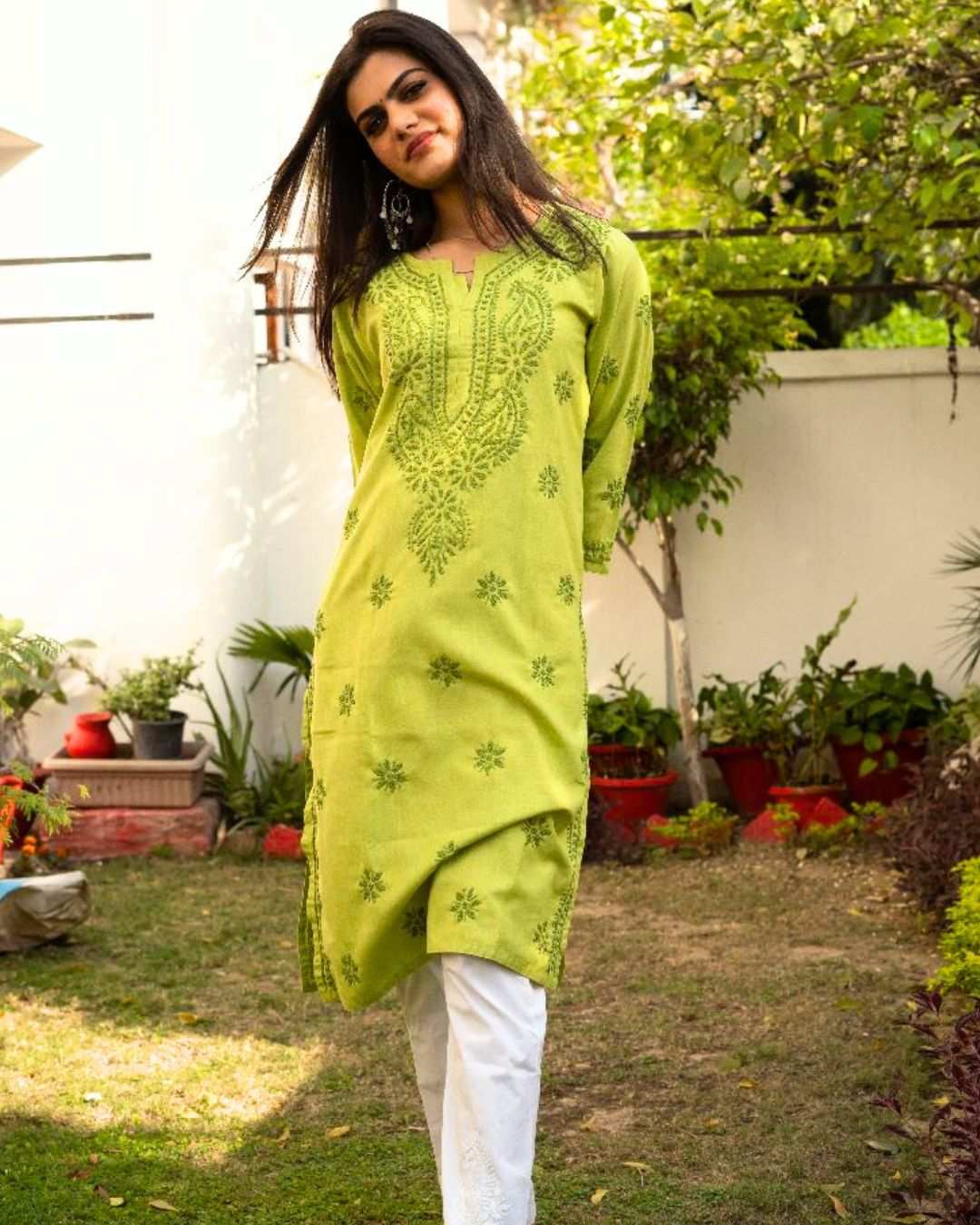 Brown women's cotton Chikan kurta with hand-embroidered floral design, 46-inch length, ideal for summer and casual chic looks