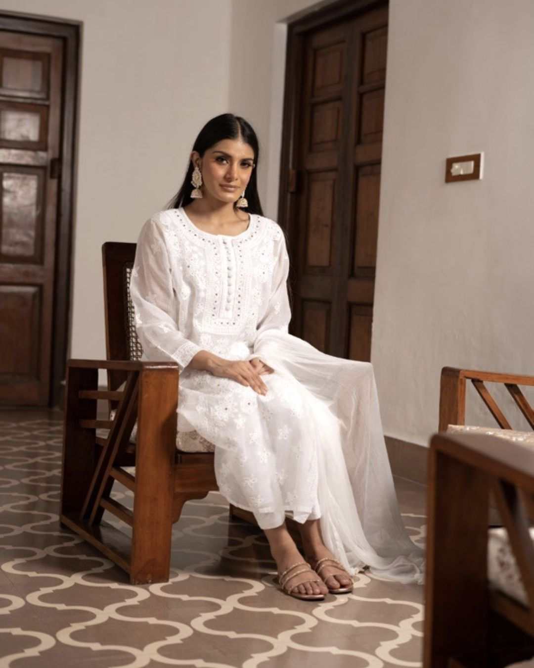 Zia White Kota Chikankari Suit with Kamdani embroidery kurta, cigarette pant, and chiffon dupatta set