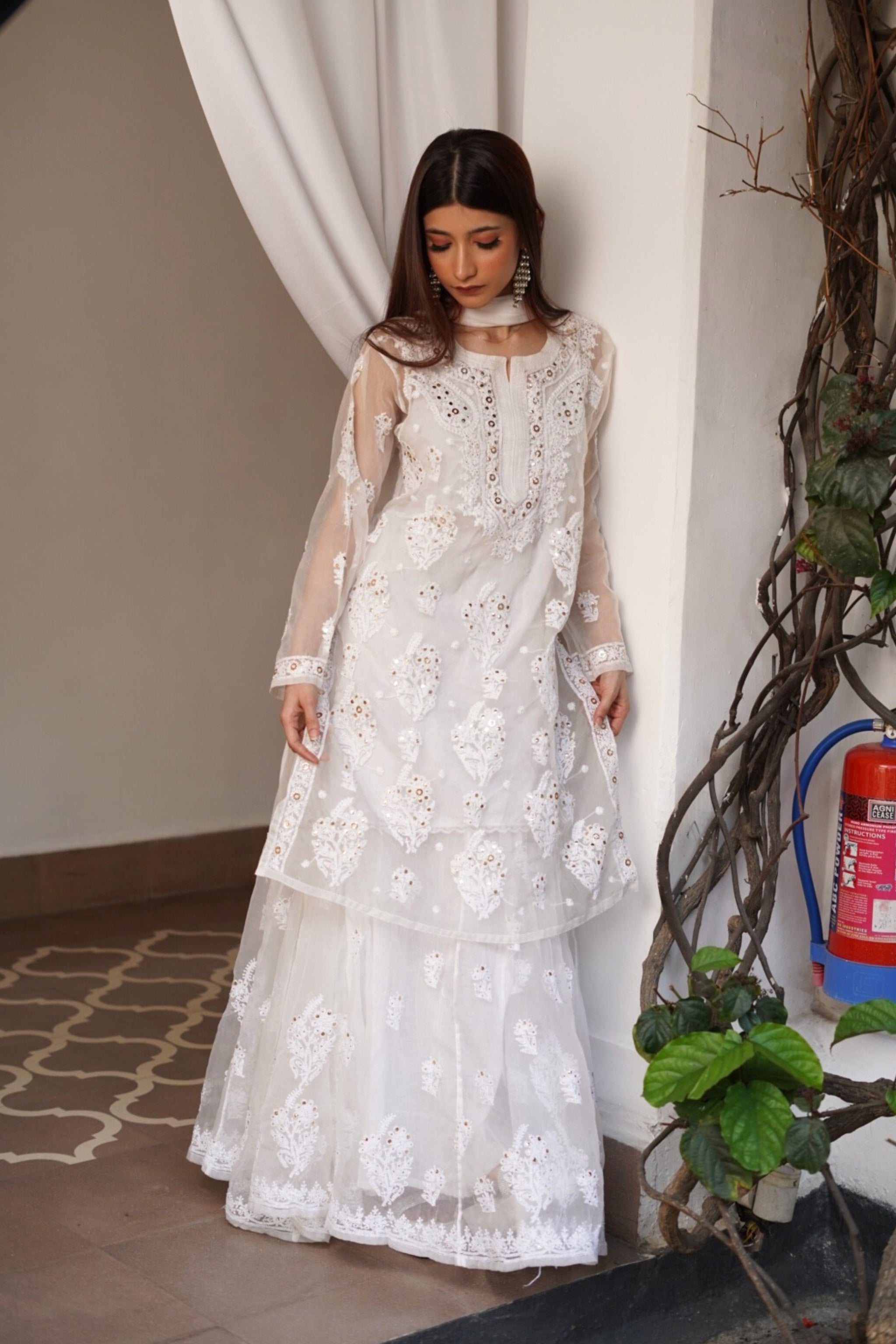 Zia White Organza Kurta Skirt Set with delicate Chikankari embroidery and Mukaish work for ladies
