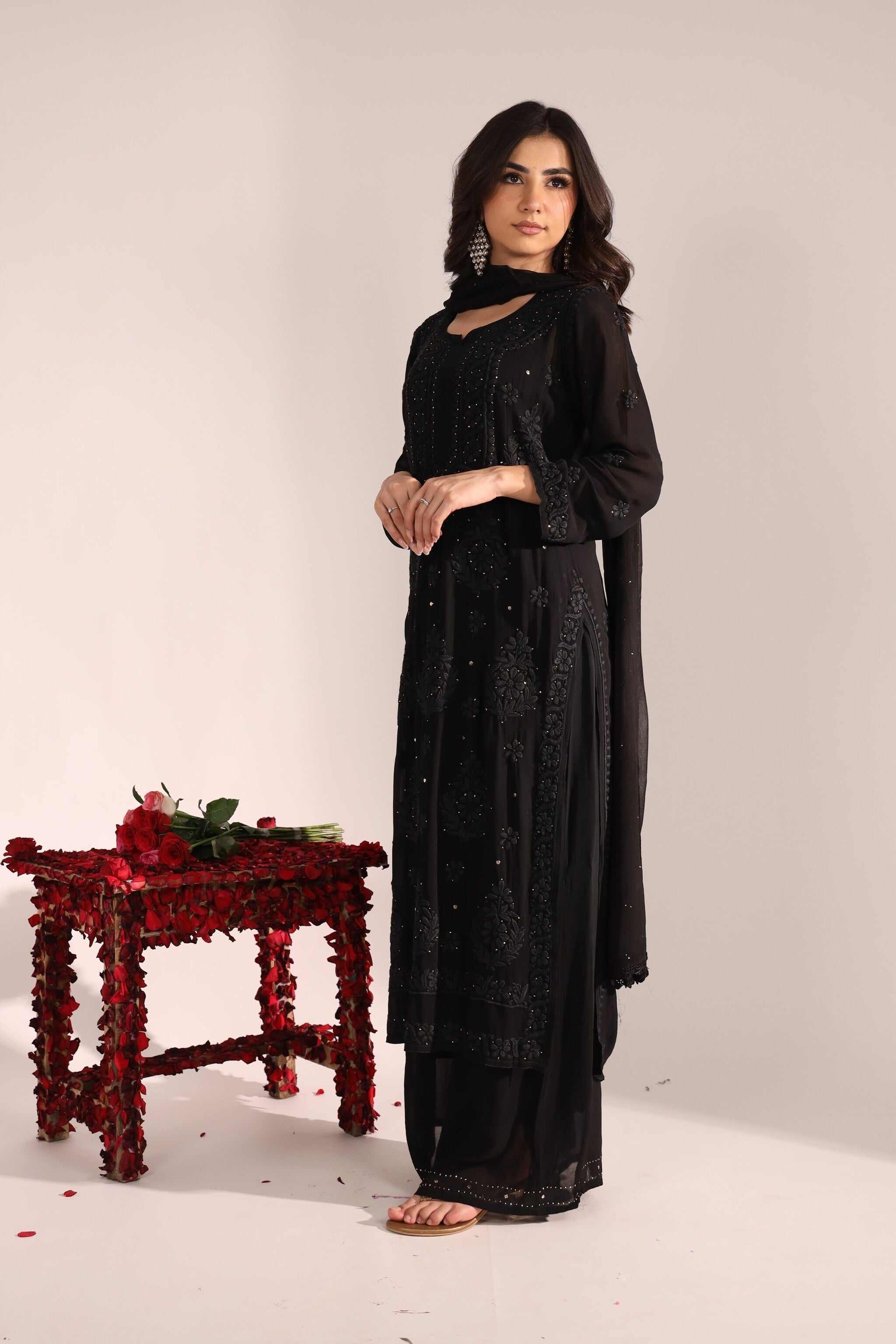 Side view of black designer suit set with traditional handwork – House of AKS