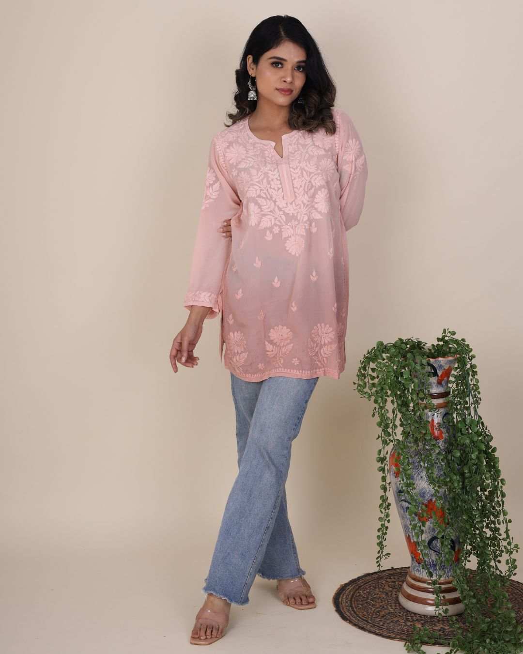 Short Muslin Cotton Chikankari Kurti for Women in pink ombre with hand-embroidered white threadwork