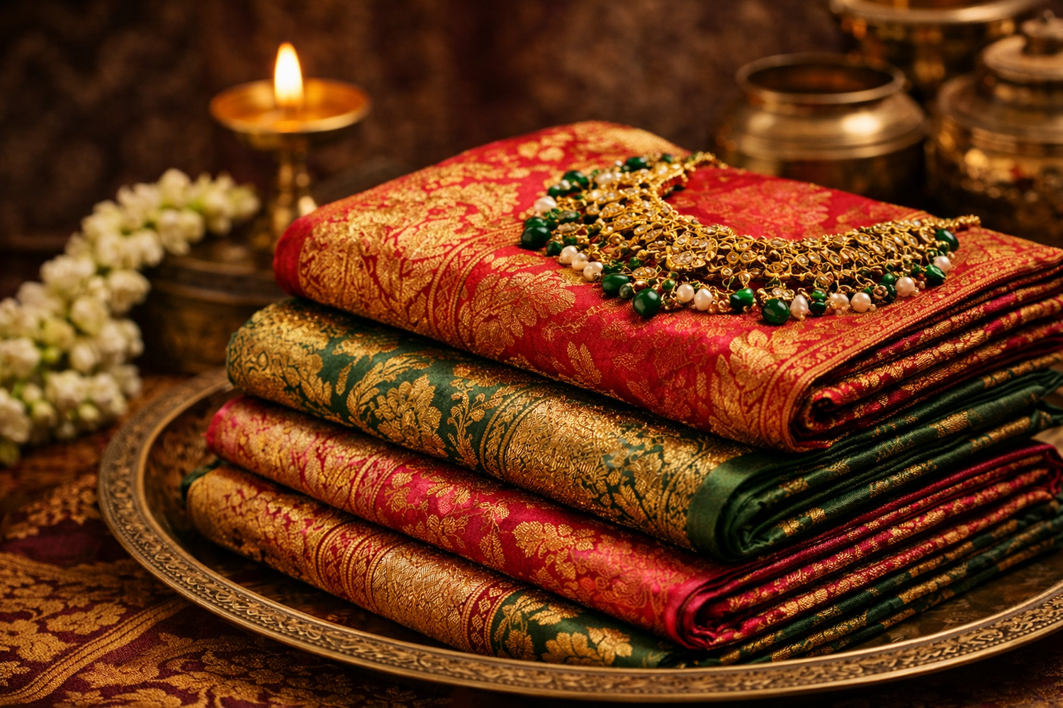 Banarasi silk sarees put on the golden plate