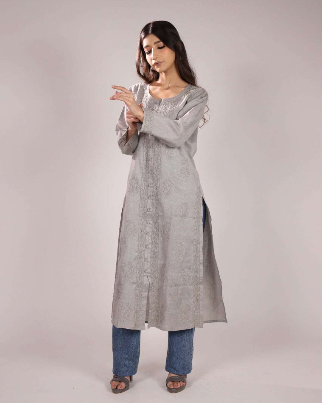 Grey Cotton Chikan Kurta For Ladies