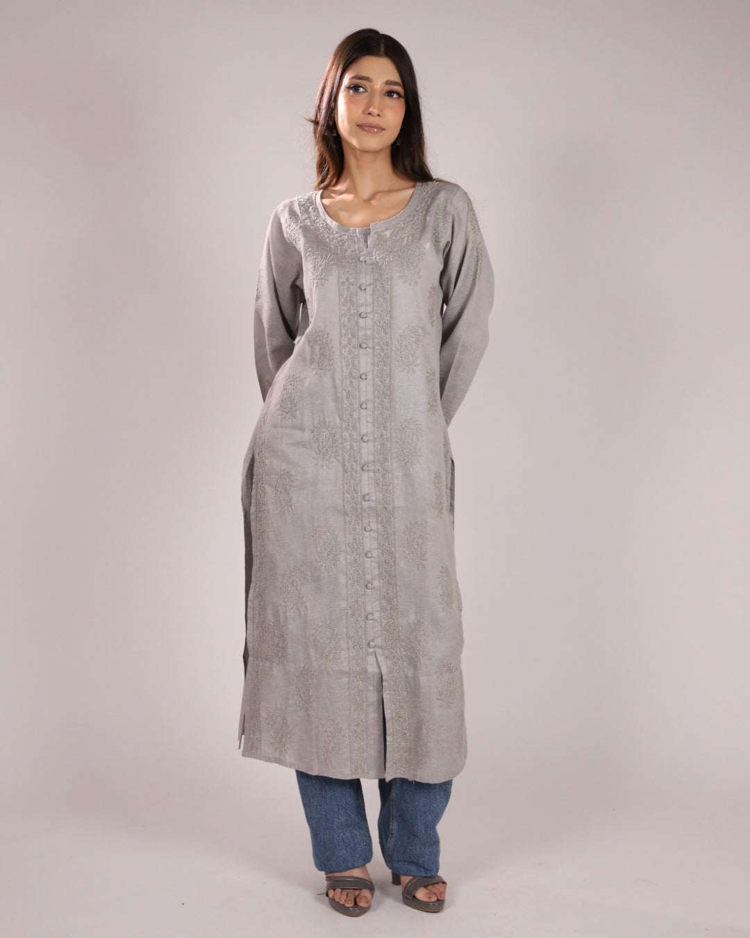 Grey Cotton Chikan Kurta For Ladies