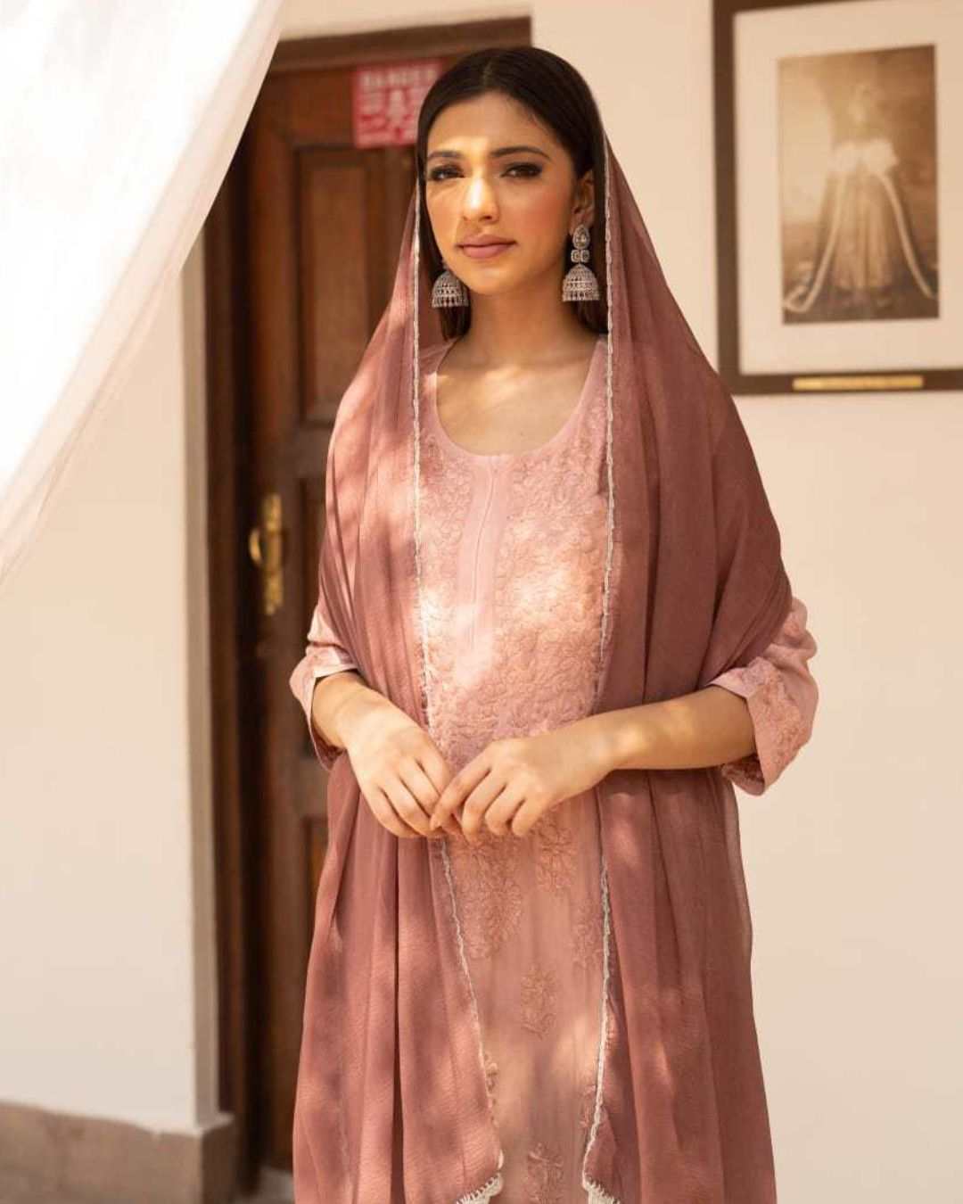 Falak Brown Ombre Chikankari Kurta Set for Women with Chiffon Dupatta