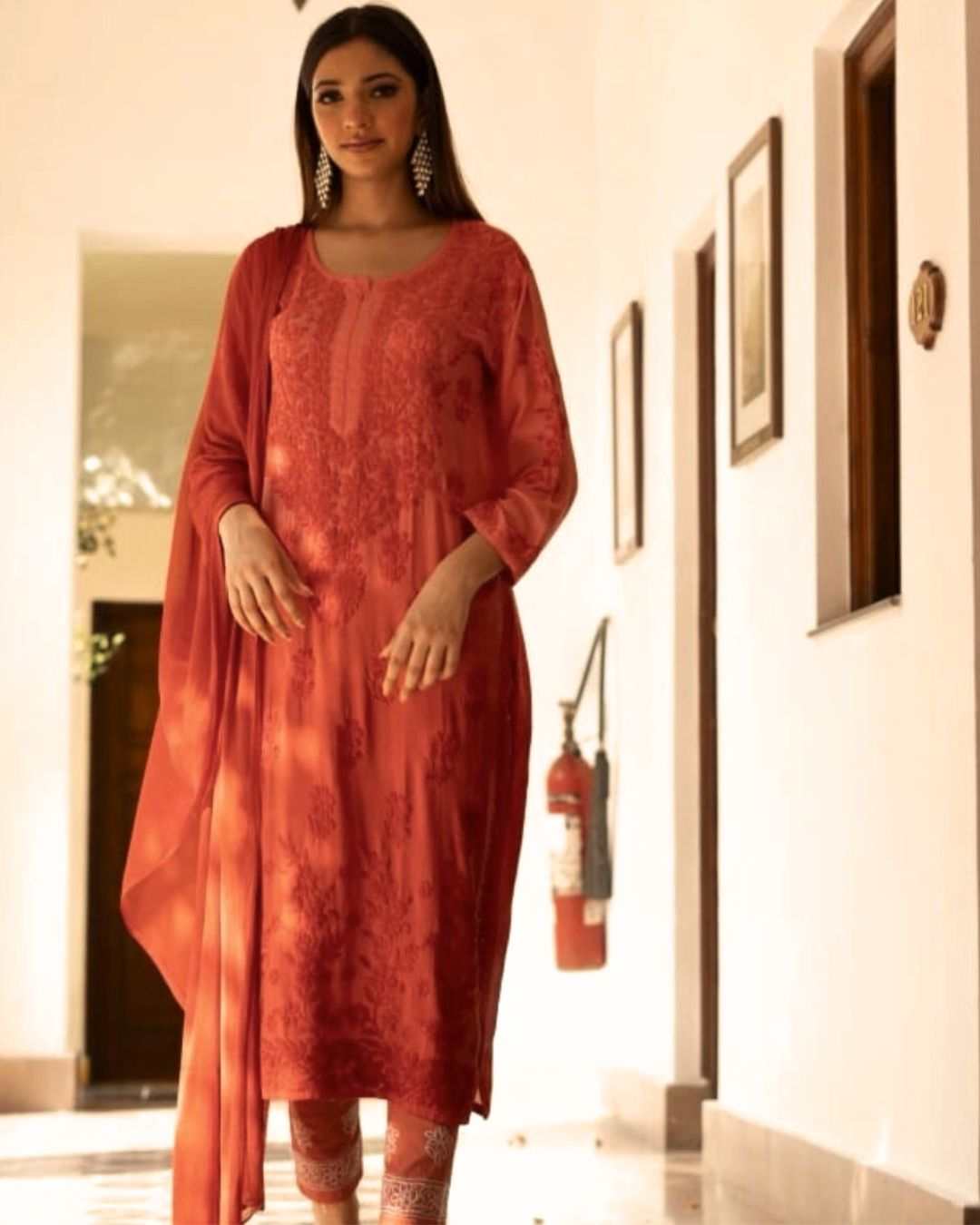 Falak Red Chikan Kurta Set 