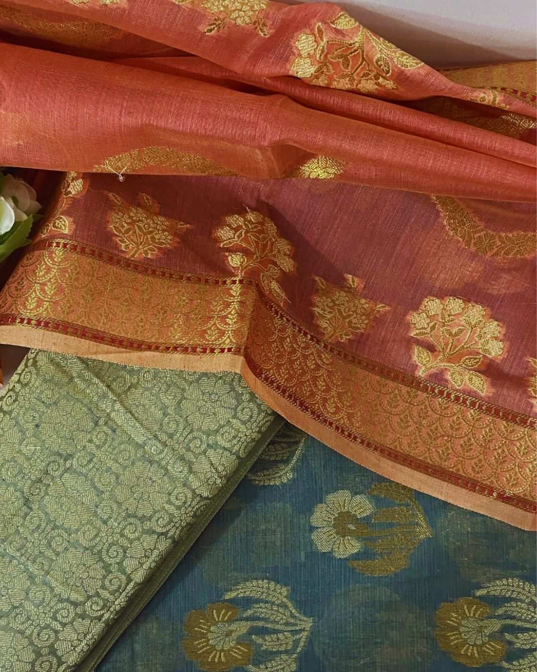 Handloom Banarasi silk suit for women with greyish blue kurta, brocade bottom, and carrot pink contrast dupatta