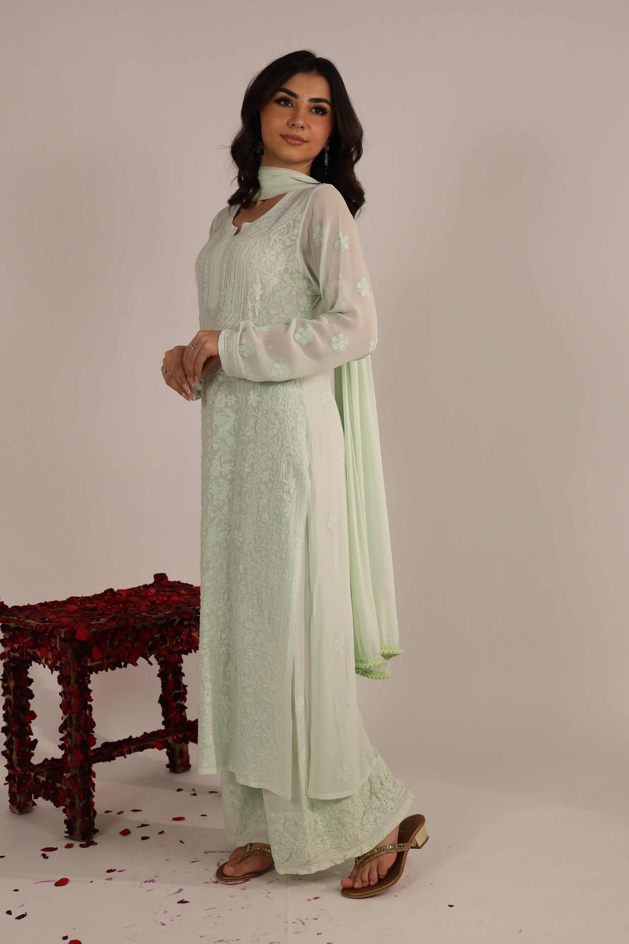 Woman wearing a light green traditional chikankari set with a plain background