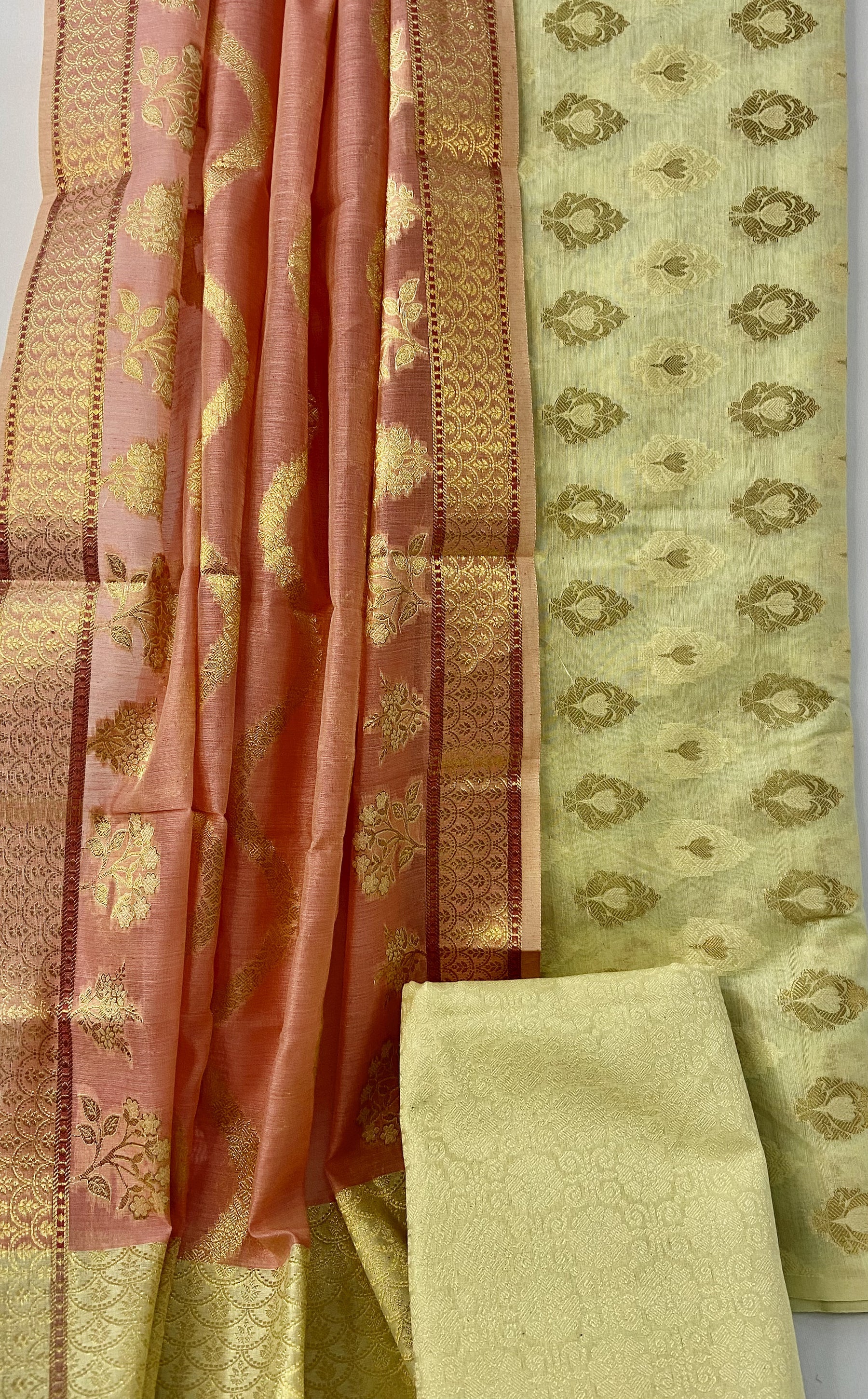 Hand-Woven Banarsi Silk Suit With Brocade Bottom Contrast Dupatta