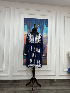 Dark Blue Gown Style Chikankari Short Kurti