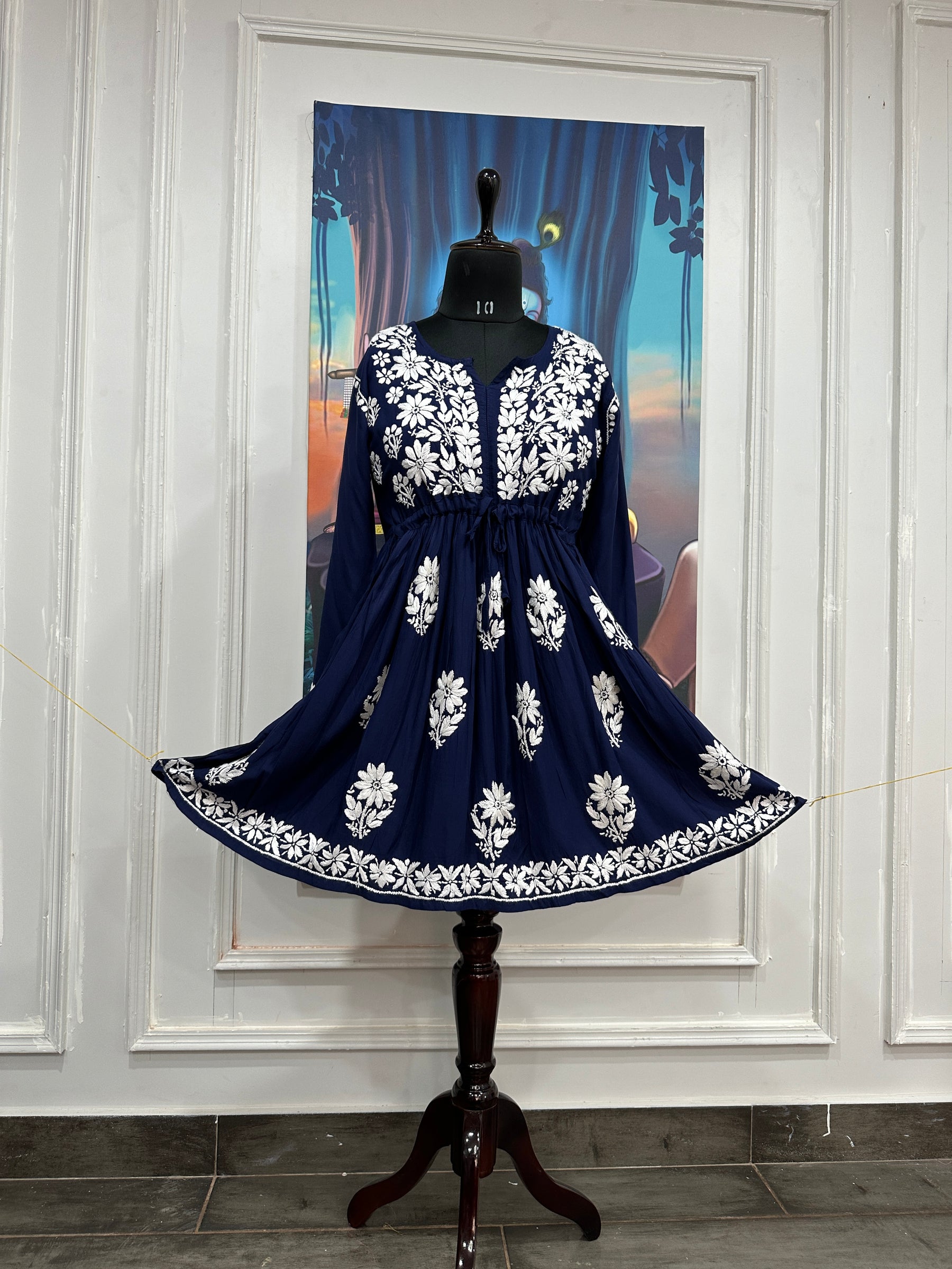 Dark Blue Gown Style Chikankari Short Kurti