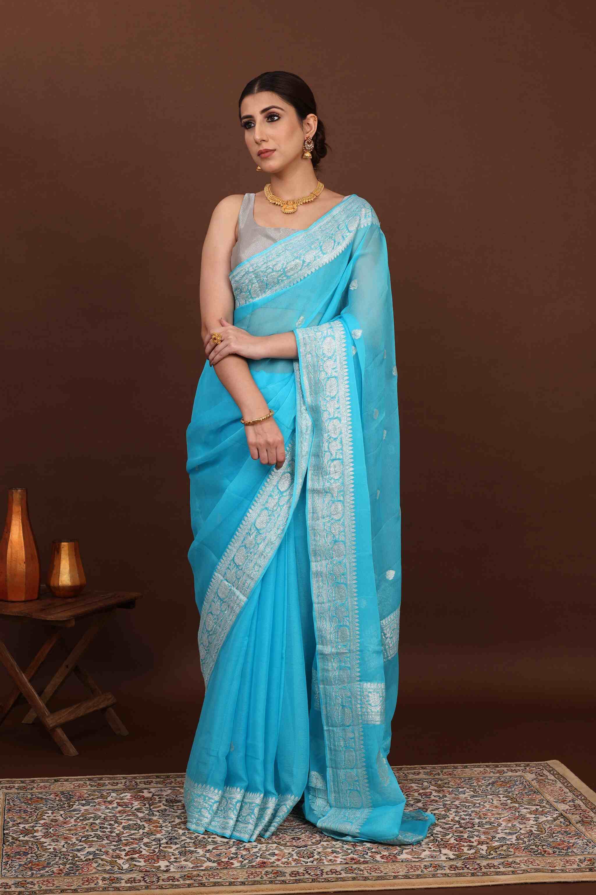Model draped in handloom khadi georgette banarasi saree with elegant pose