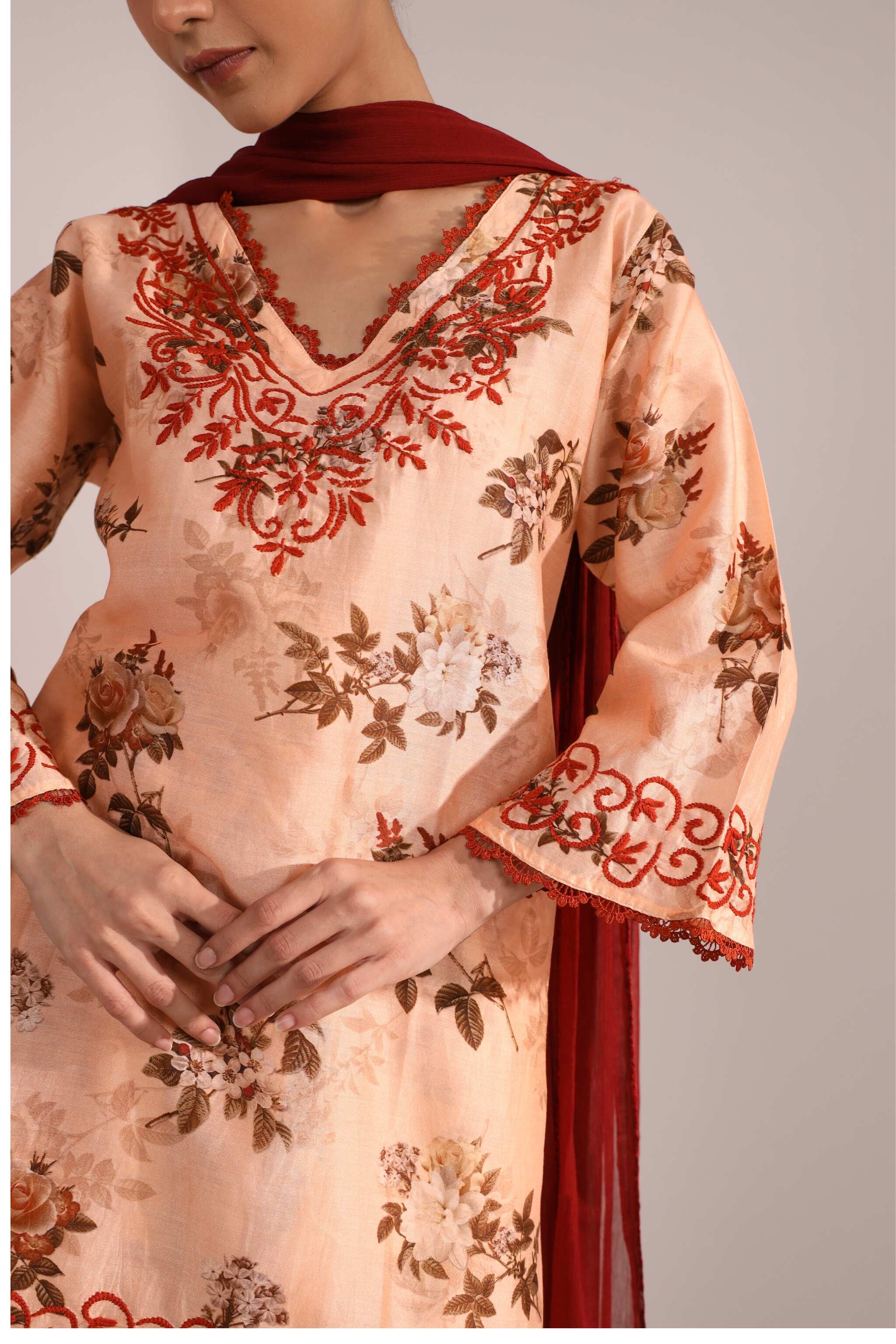 close up view showcasing detailed embroidery on Chanderi co-ord set