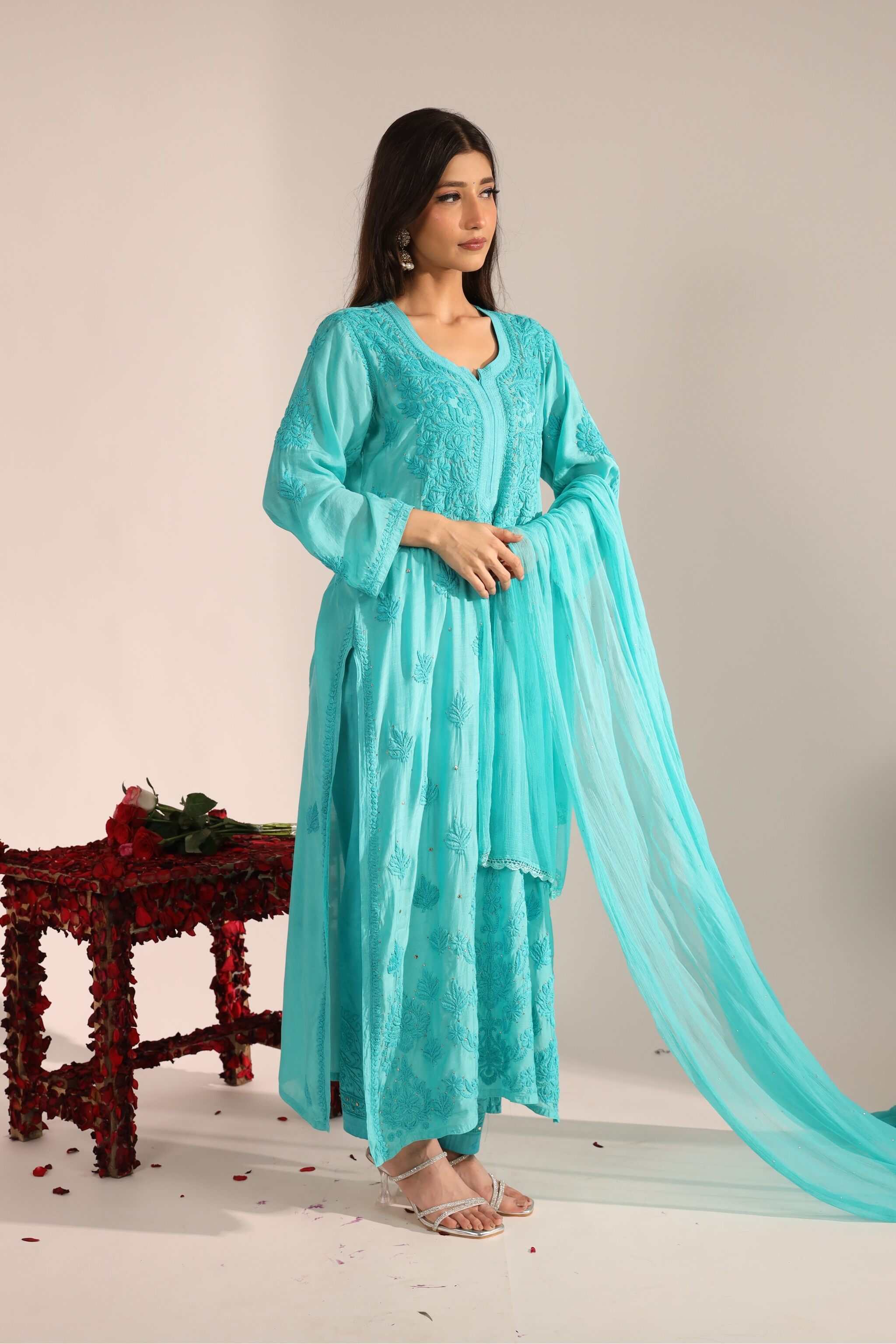 Side pose of Sitara Mayra Kurta Set highlighting straight cut and embroidered detailing.